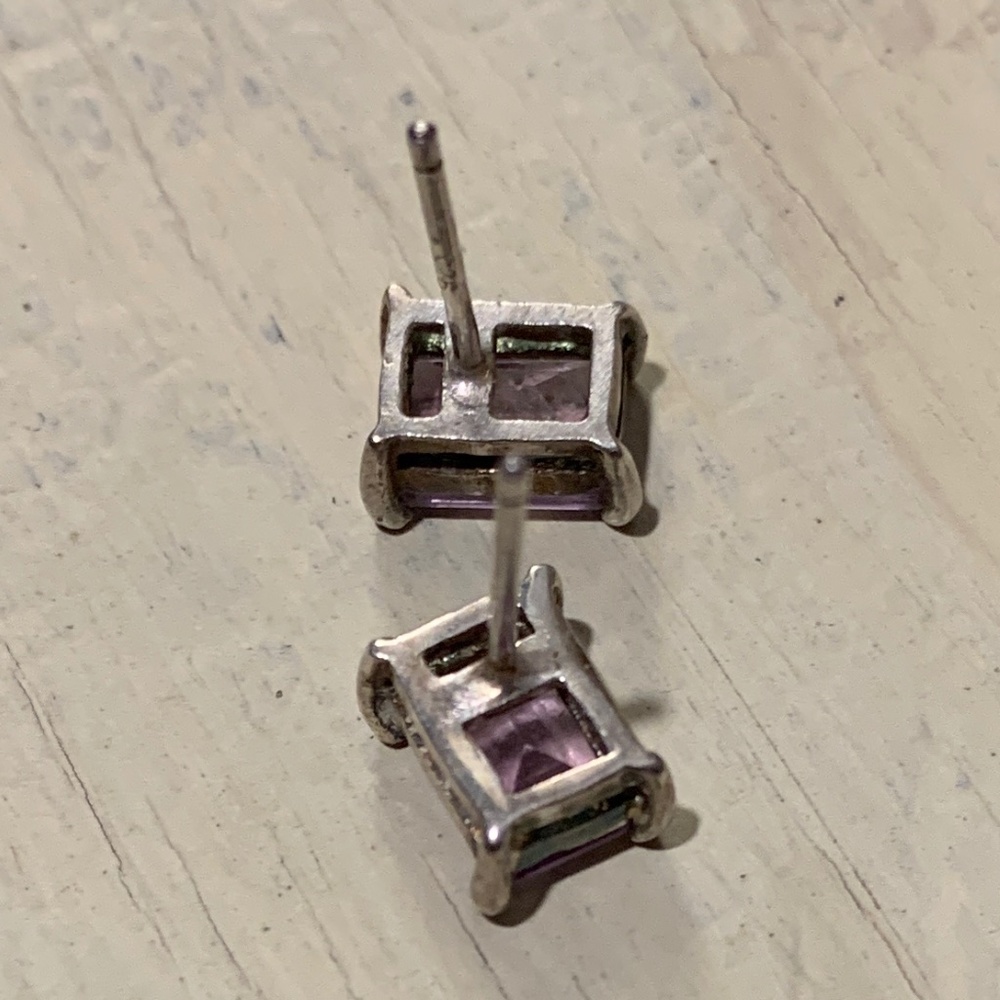 Vintage 925 Amethyst Post Earrings Emerald Cut Quality Stones - Picture 5 of 7